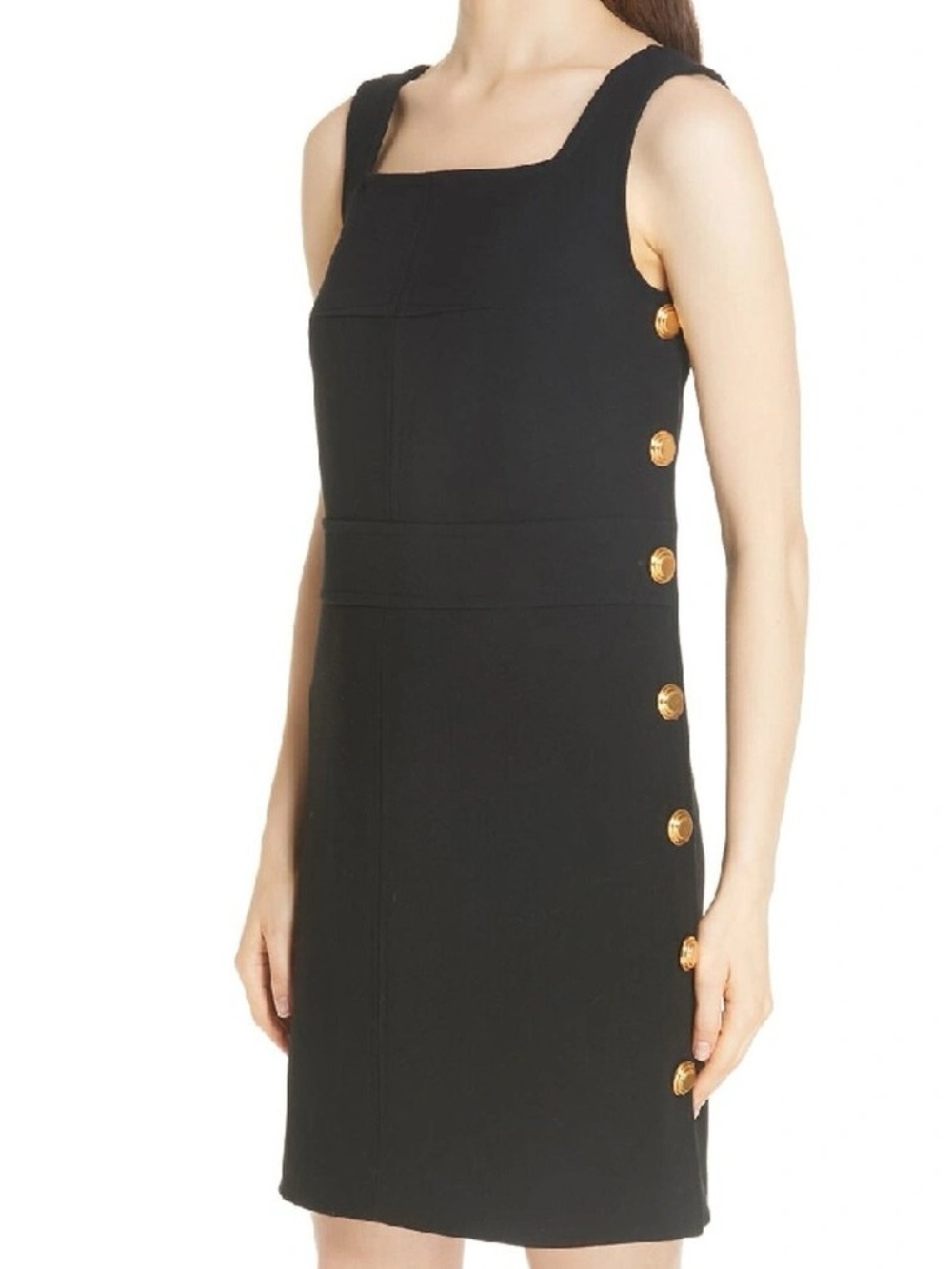 Tory Burch Millie Sleeveless Mini Shift Dress w/ Gold Buttons, Black – Size 14